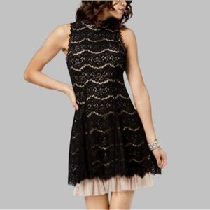 Trixxi Women's Mock Neck Lace Dress Black Tan Size Small